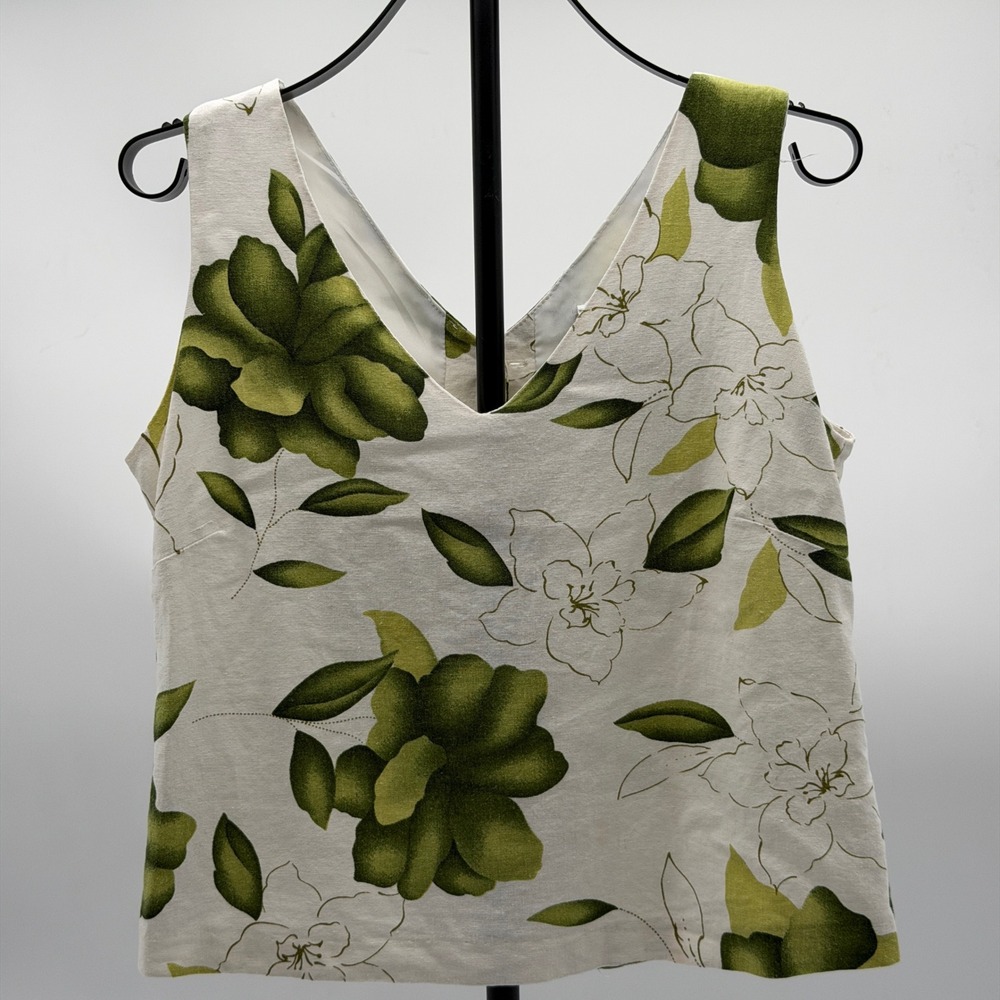 Giorgio Fiorlini Linen Blend Floral V-Neck Button Back Tank Top Green White 10